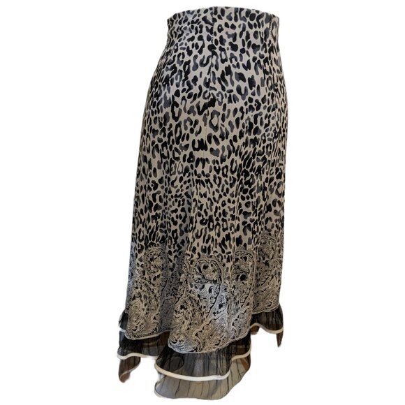 Womens Leopard Paisley Ruffle Hem Midi Skirt Boho Grunge Elegant Mesh Black S - Picture 6 of 9